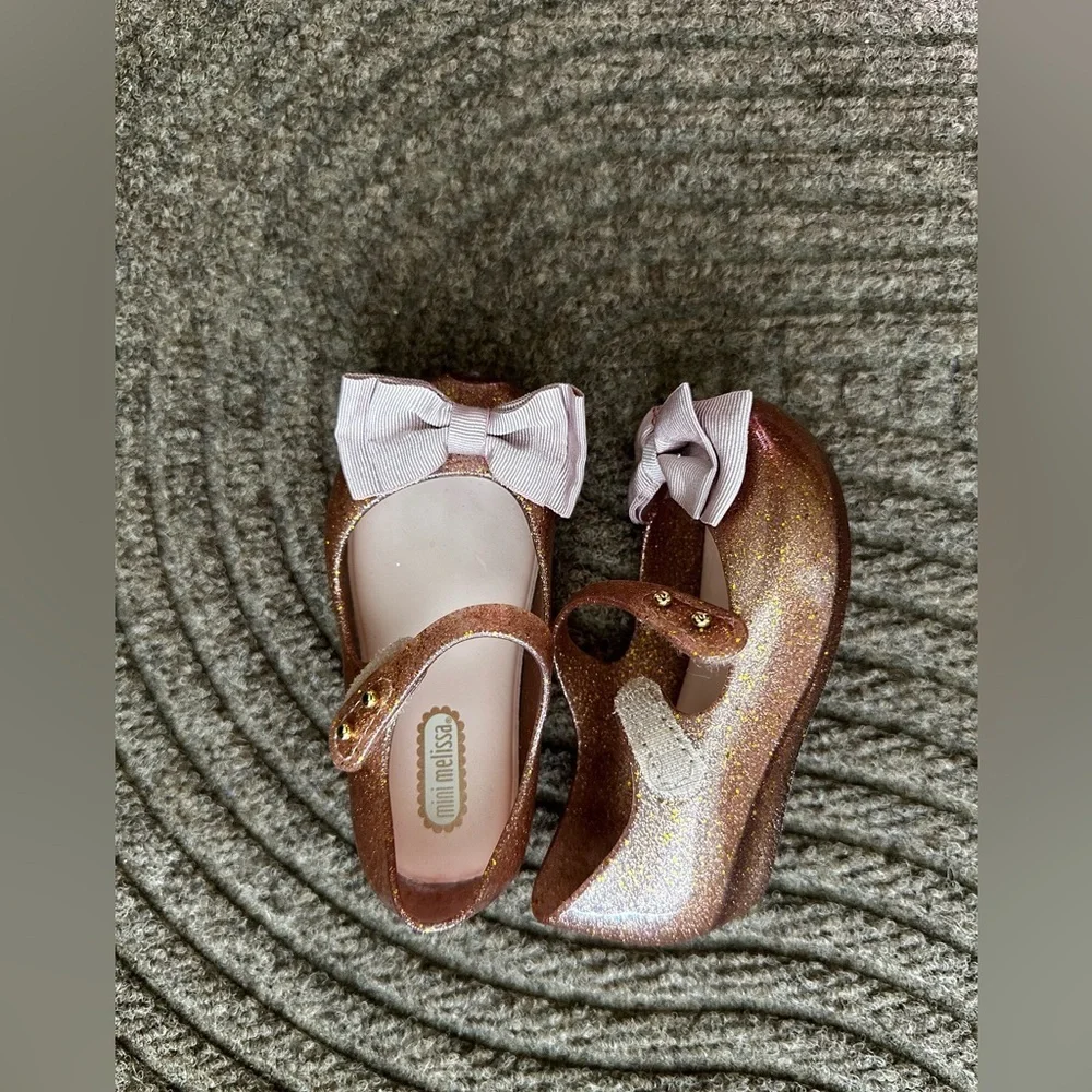 Mini Melissa Ultragirl Rose Gold Glitter Bow Flats Princess Barbiecore Sparkle 7
